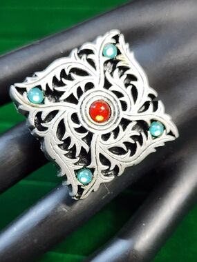 1980s Artisan Multi Stone Ring Red Turquoise Cabochon Silver Tone Adjustable